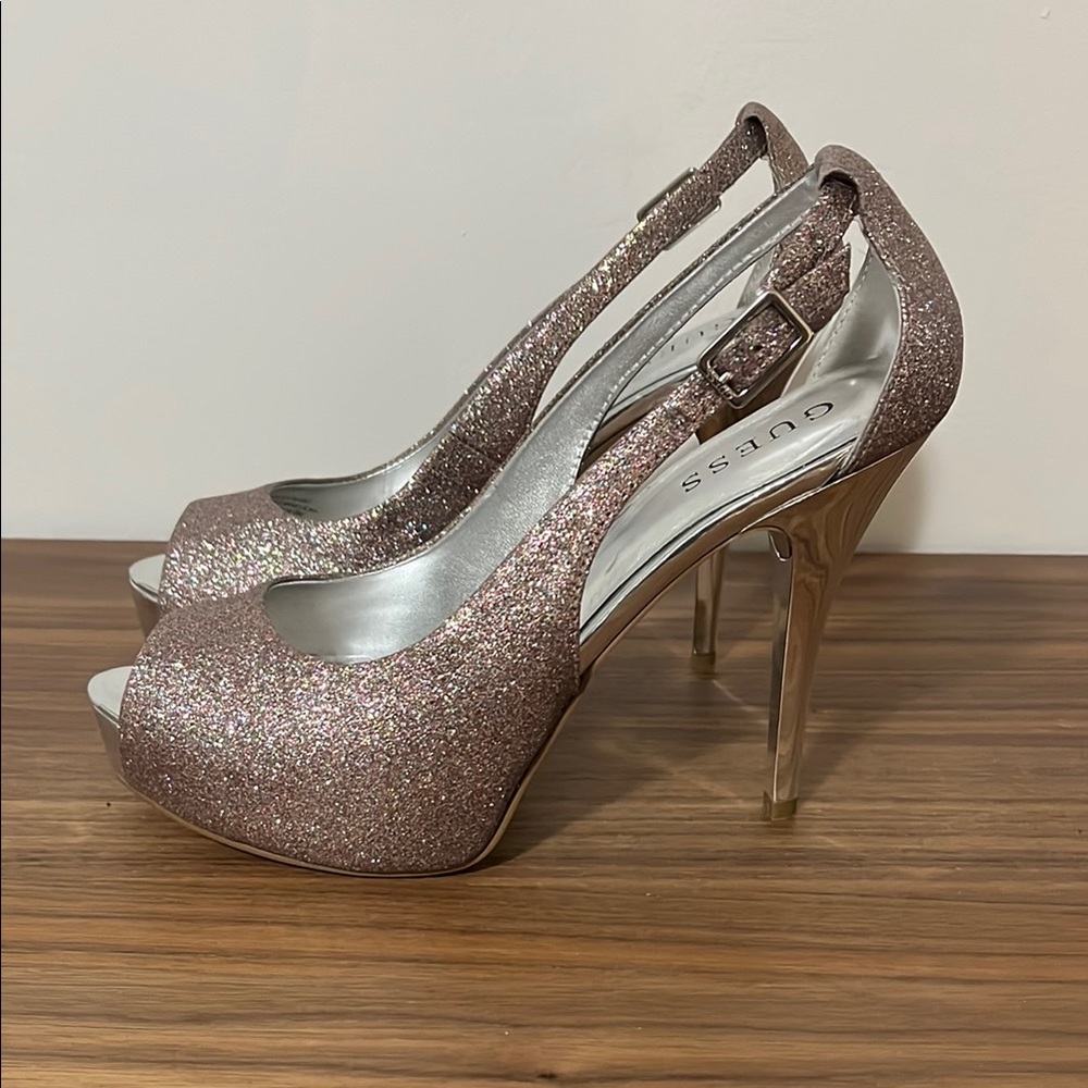 GUESS Women's Glitter Peep Toe Heels - Pink